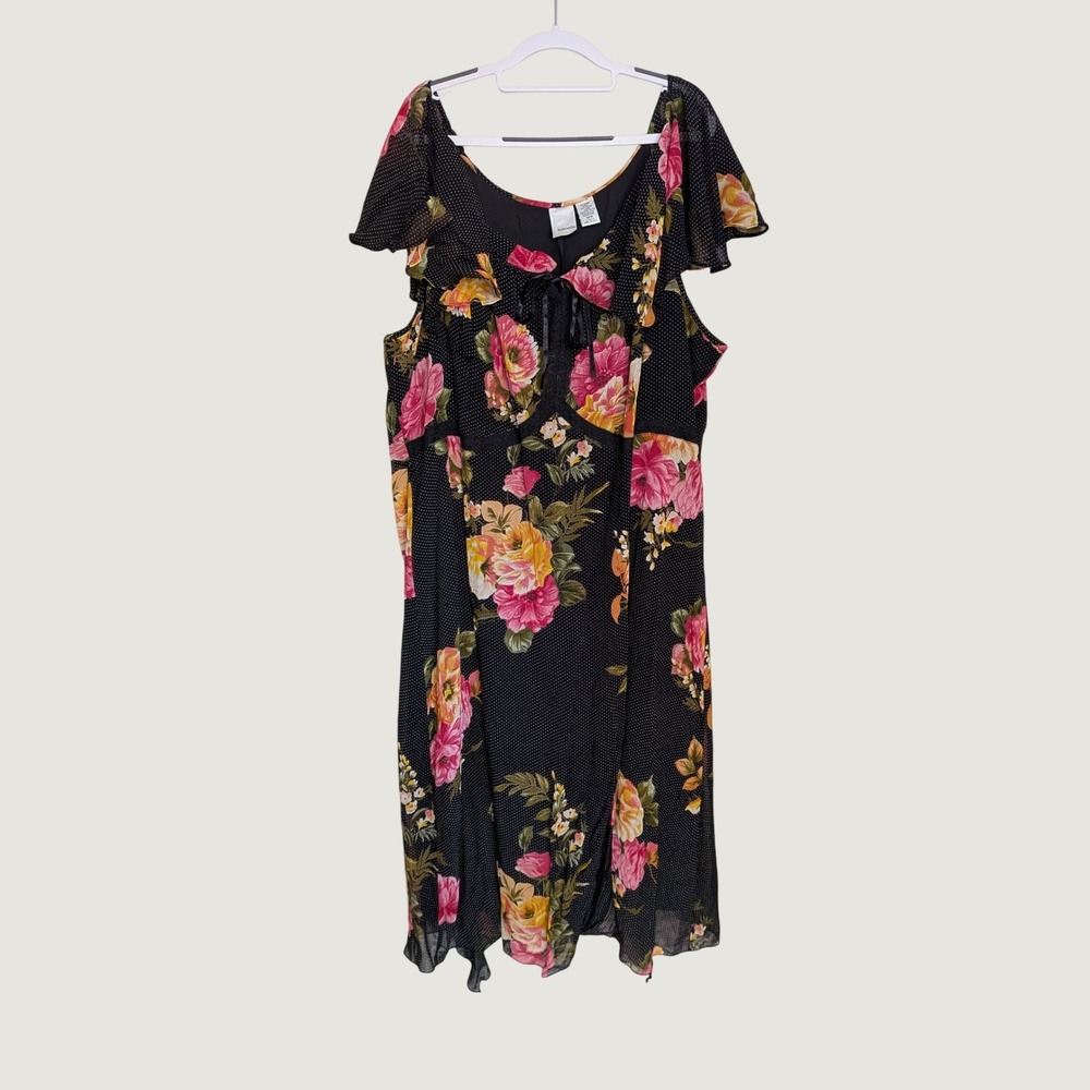Y2K Vintage Roaman's Floral Polka Dot Maxi Dress Black Plus Size 30W